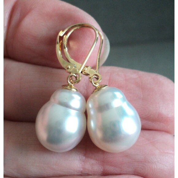 Big Luminous Baroque PEARL EARRINGS 14K Yellow GOLD Lever Back 1.25" Dangle - Picture 7 of 8
